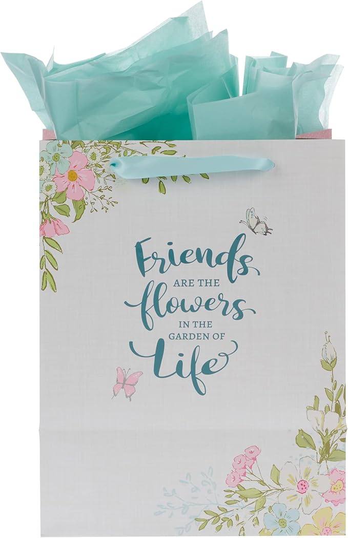 WITH LOVE Women's Flowery Wreath Gift Bag w/Card & Blue Tissue Paper: You Are Loved, White w/Pastel Pink & Blue Florals, Gift Idea for Family & Friends, Large Portrait 13" x 10" x 7"