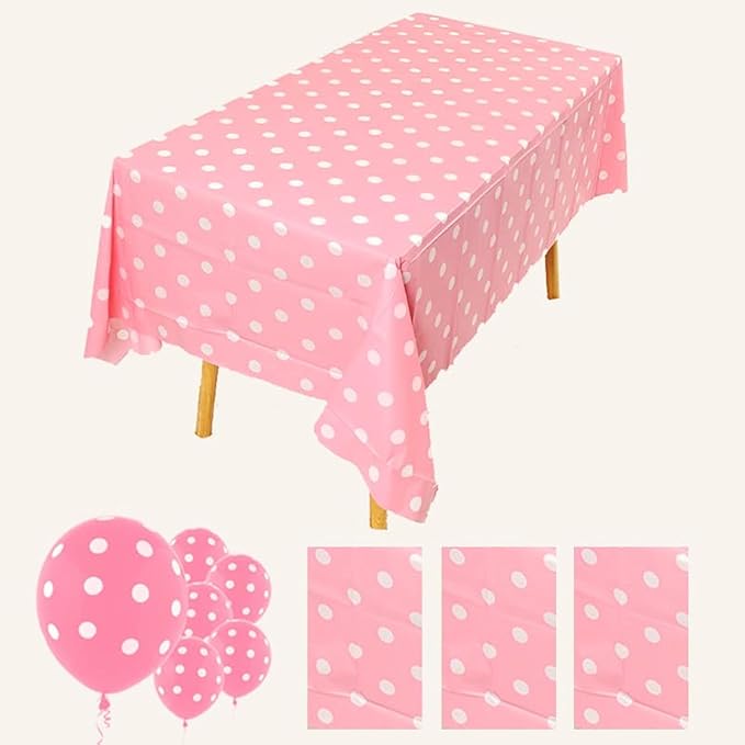 ZJDHPTY 3Pack Plastic Table Cloth Disposable for Rectangle Tables, Pink Polka Dot Table Cloths for Baby Shower Bridal Shower Mouse Birthday Party Decorations Size 54x108 Inch (Pink+White dots)