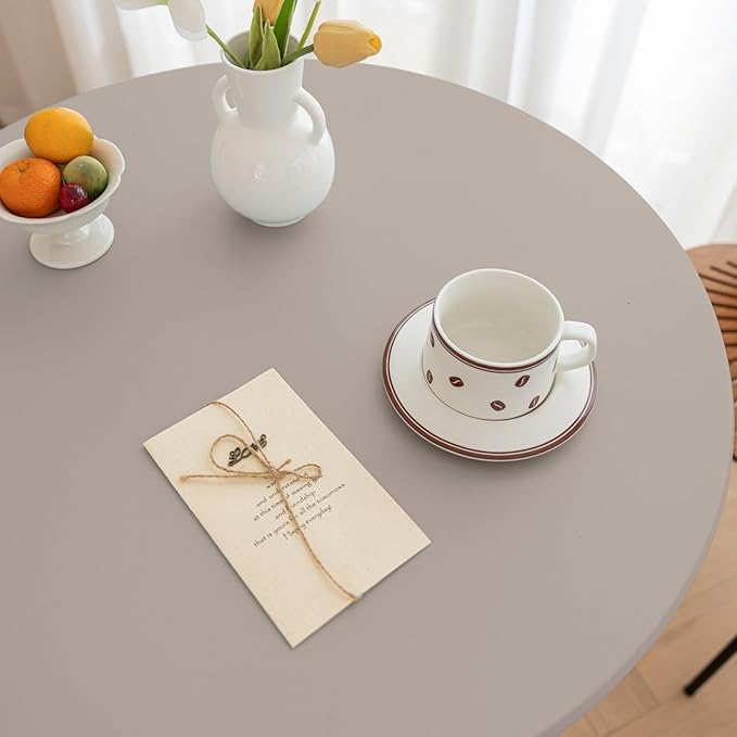 Round Fitted PU Tablecloth with High Elastic Edge 51 Inch Dia Waterproof Oil Proof Table Cloth Anti-Scald Stain-Resistant Wipeable Table Cover for Indoor Outdoor Picnic (Grey,51" Dia)