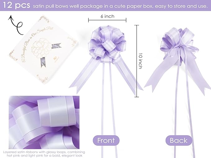 HUIHUANG Purple Bows for Gift Wrapping 6" x 10" Lilac and Purple Double Layer Satin Pull Bows 12 PCS Gift Bow for Presents, Easter Gift Basket, Gift Box, Birthday Wedding Party Decor