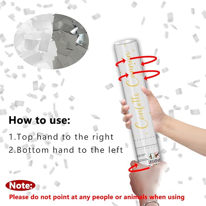 12" Silver & White Confetti Cannons - Party Poppers for Birthday Graduation Retirement Wedding New Year Celebrations - Easy to Use - Pack of 6