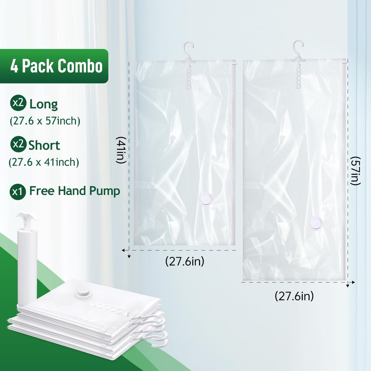 Hanging Vacuum Storage Bags For Clothes With Hand Pump,Coat Storage Bag Hanging,Vacuum Bags For Clothes,Space Saver Vacuum Storage Bags,Garment, Clothing, Dress, Suit, Long Coat, Jacket(Combo 4 Pack）