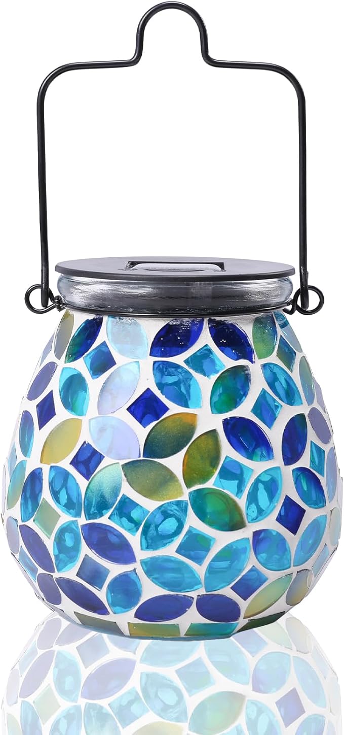 Afirst Mosaic Solar Lanterns Outdoor - Glass Hanging Solar Lights Hollow Out Waterproof Table Lamp Outdoor Decorative for Garden, Patio, Holiday Party Outdoor Decoration