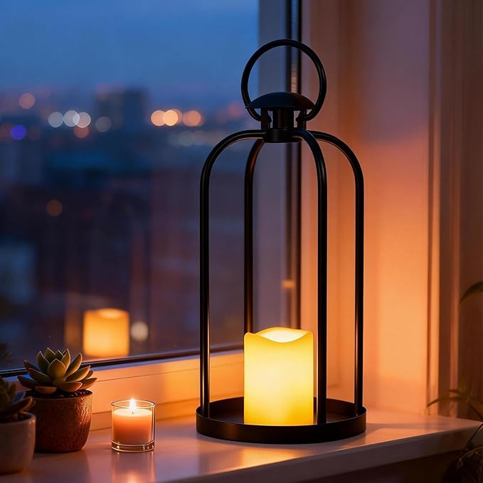 Candle Lantern 15" Metal Outdoor Lanterns with LED Flameless Candle Hanging Holder Decorative Hanging Lantern for Table Centerpieces, Porch, Patio 1 Pack