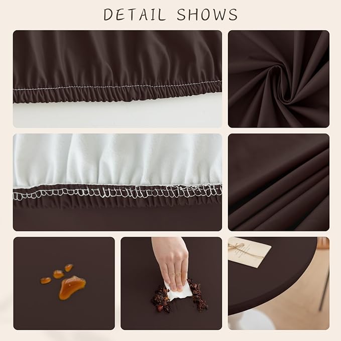 Round Fitted PU Tablecloth with High Elastic Edge 28 Inch Dia Waterproof Oil Proof Table Cloth Anti-Scald Stain-Resistant Wipeable Table Cover for Indoor Outdoor Picnic (Coffee,28" Dia)