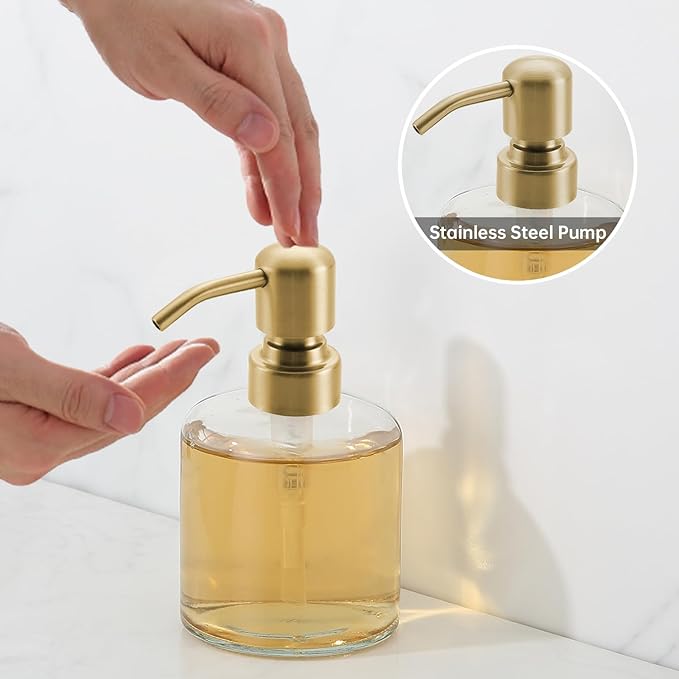 Clear Glass Soap Dispenser, 11 Oz Boston Round Bottle Dispenser with Stainless Steel Pump, Refillable Kitchen & Bathroom Countertop Dish Soap Dispenser, Brushed Gold