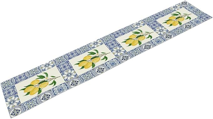 Yellow Lemon Table Runner, Blue Tiles Summer Holiday Tasty Fruit Healthy Fruit Vintage Watercolor Rustic Botanic Table Cover for Party Picnic Dining Room Kitchen, 13x36inch