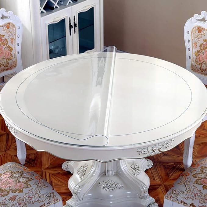 Water Oil Resistant Clear Vinyl Table Protector Desktop Pad Plastic PVC Tablecloth Protective Desk Top Cover Dining Living Room Coffee Table Protection Pad Easy Clean Wipeable Round 58 Inch Non-Slip