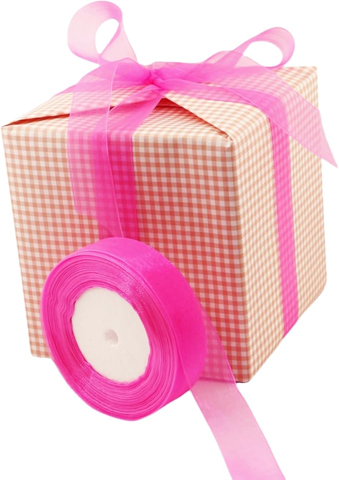 1 Inch 50 Yards Sheer Organza Ribbon Chiffon Ribbon for Gift Wrapping Wedding Bouquet Crafts (Hot Pink)