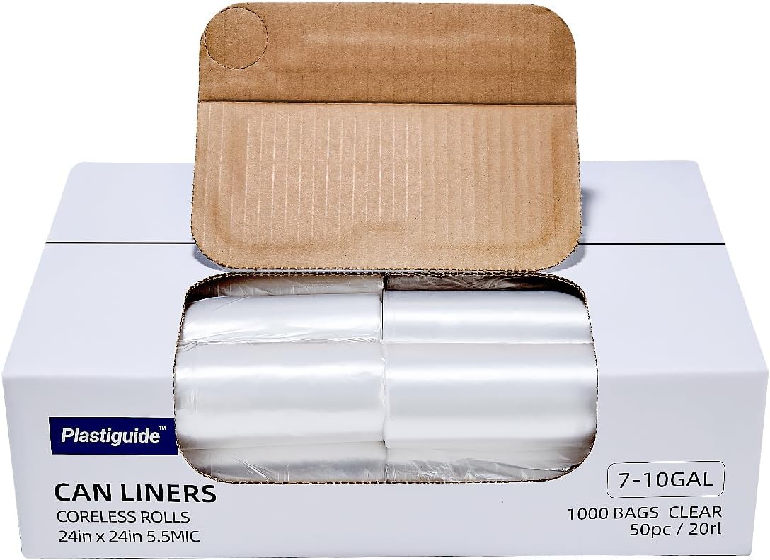 7-10 Gallon Clear Trash Can Liners, 24'' x 24'', Wholesale 1000 Count, High Density Garbage Bags for Office, Bathroom, Commercial and Industrial Use
