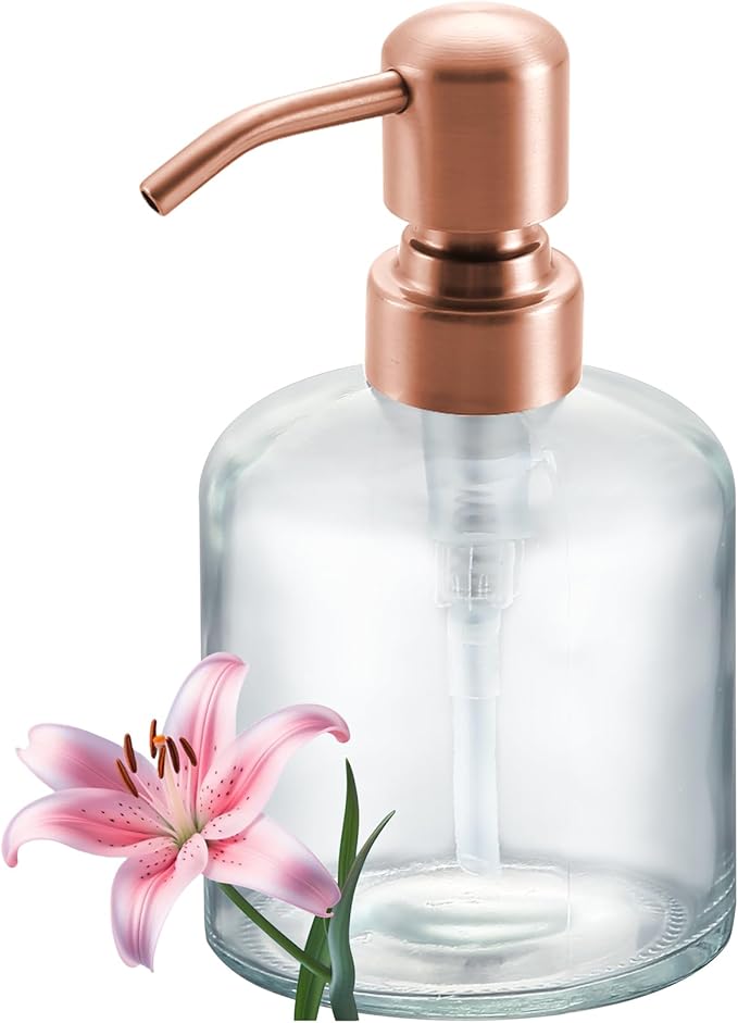 Clear Glass Soap Dispenser, 11 Oz Boston Round Bottle Dispenser with Stainless Steel Pump, Refillable Kitchen & Bathroom Countertop Dish Soap Dispenser, red Bronze