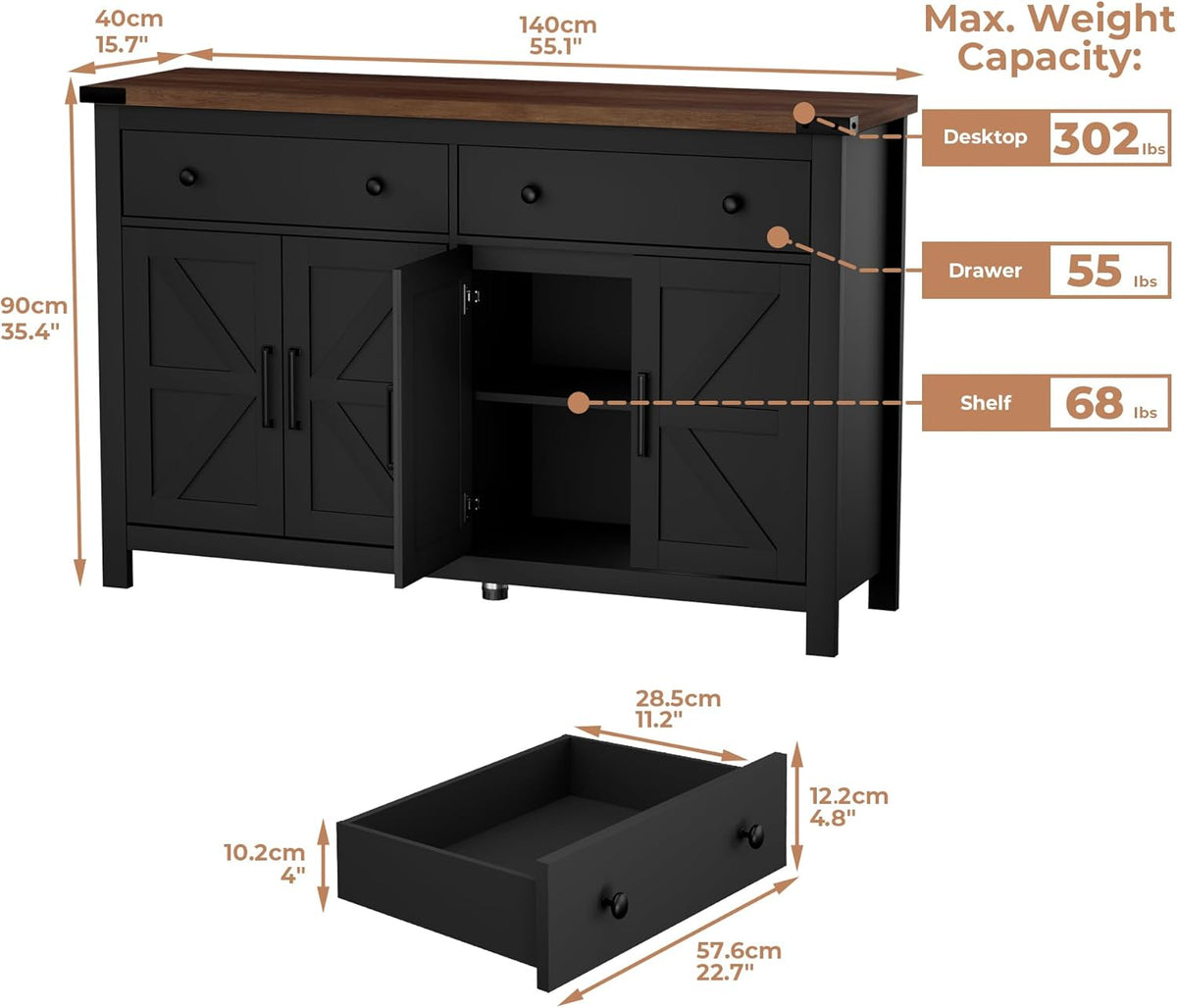 55" Sideboard Buffet Cabinet with Storage, Coffee Bar Cabinet with 2 Drawers and 4 Barn Doors, Long Storage Cabinet Modern Farmhouse, Black Wood
