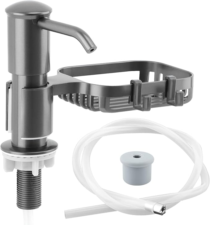 Soap Dispenser for Kitchen Sink, Built in Soap Dispenser Pump with Sponge Holder,Under Counter Brushed Nickel ABS Pump Head with 40" Extension Tube Kit(Dark Grey)