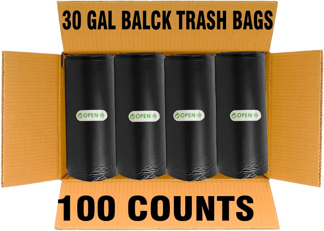30 Gallon Trash Bags, 100 Count Black Garbage bags, Multi-purpose Trash Can Bin Liners for Bathroom, Office, Industrial, Commercial, Janitorial, Municipal, Recycling