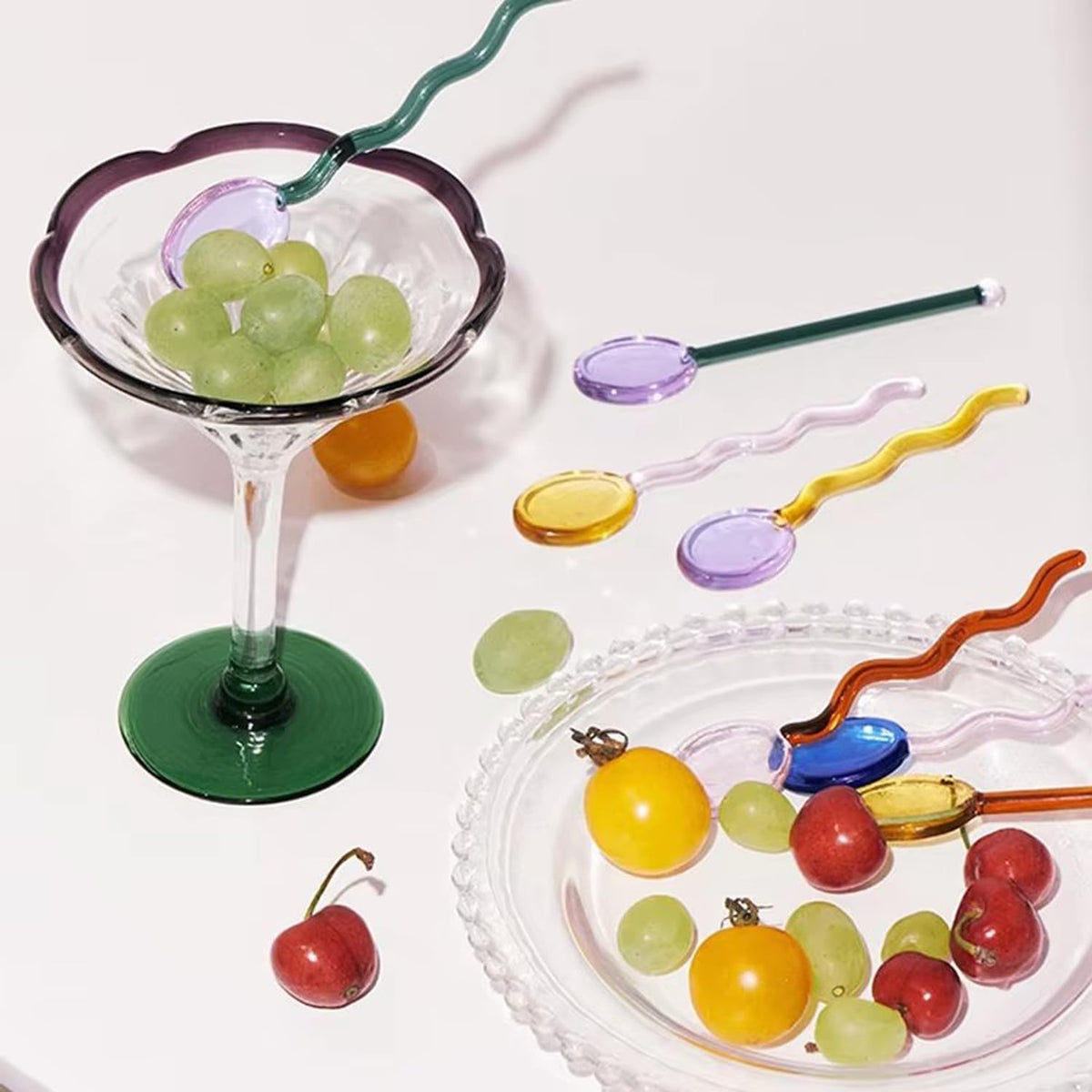 5 Pieces Glass Spoons, Creative Colorful Glass Dessert Spoon Colored Transparent Coffee Milk Curved Handle Stirring Teaspoon for Home Bar Party