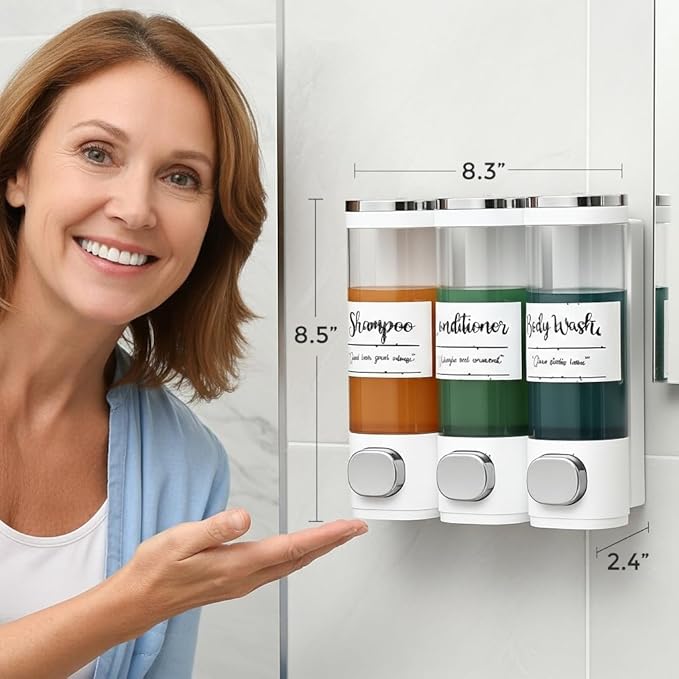 Soap Dispenser - 3 Chamber - 3x300ml - No Drill Wall Mount Bottles Organizer Toiletries for Cream Lotion Liquid Soaps Shampoo Conditioner Storage - Modern Essentials Bathroom Set - White 1
