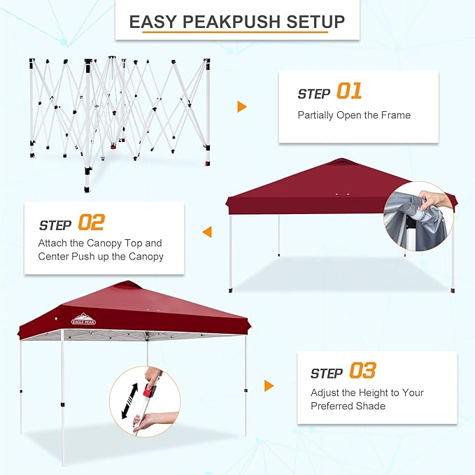 EAGLE PEAK Pop Up Canopy Tent with Wheeled Carry Bag, 8 Stakes, 4 Ropes, 4 Weight Bags, Easy Set Up Tent Canopy, 12x12 ft, 144sqft of Shade, Burgundy