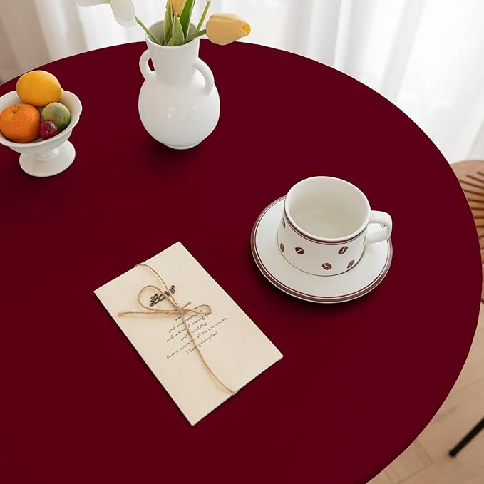 Round Fitted PU Tablecloth with High Elastic Edge 63 Inch Dia Waterproof Oil Proof Table Cloth Anti-Scald Stain-Resistant Wipeable Table Cover for Indoor Outdoor Picnic (Red,63" Dia)