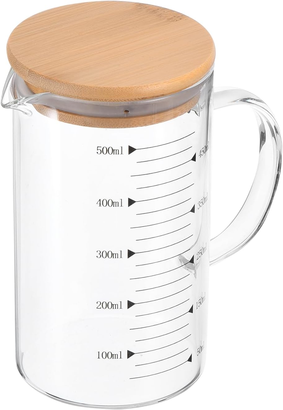 Patikil 500ml Glass Measuring Cup, 3.3 Borosilicate Glass Graduated Black Printed Scale Liquid Measure Cups Beaker with Wood Lid and V-Shaped Spout