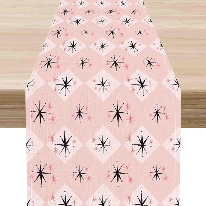 Pink Table Runner, Retro Mid Century 1950s Checkered Modern Abstract Geometric Coffee Table Center Decor for Home Kitchen Dining Patio Holiday Party Indoor Outdoor Table Decorations, 13"x90" Inch