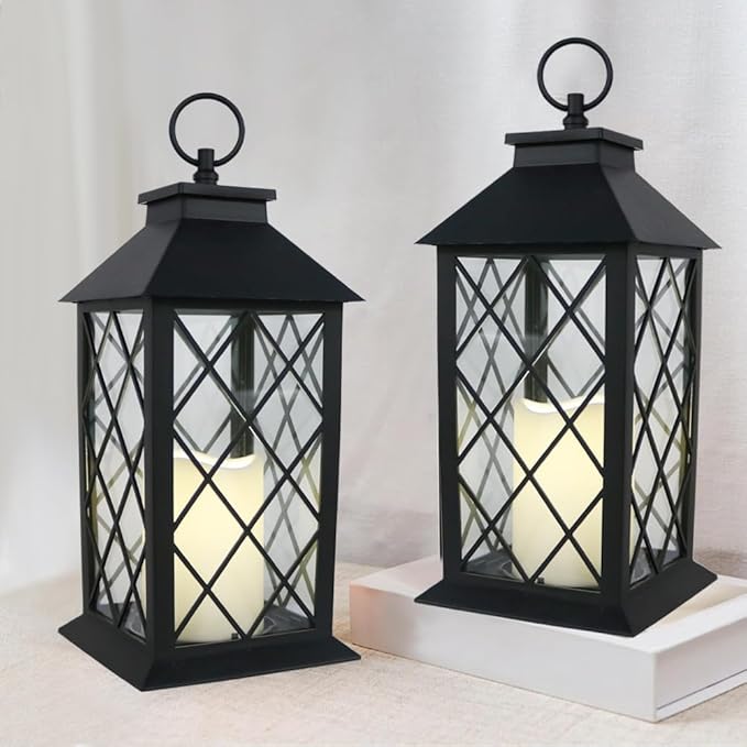2-Pack 13.5" Vintage Candle Lantern with LED Pillar Light (Black, 6hr Timer) - IP44 Waterproof Battery Powered Decorative Light - Outdoor Hanging Lantern Decorative Indoor Candle Holder