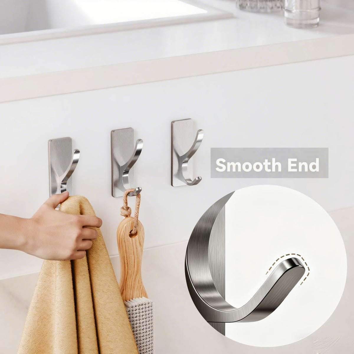 Self Adhesive Coat Hooks for Hanging: Heavy Duty Stainless Wall Hook for Towel, Backpack, Hat, Sturdy Metal Hanger for Bathroom, Bedroom, Door, Brushed Nickel, 6-Pack
