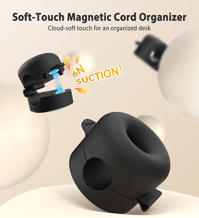 8 Pack Magnetic Cable Clips, Cord Organizer [Mini Soft Silicone] Durable Cord Holder for Phone Charger Cord, Adhesive Cable Management for Nightstand, Home Office Desk Accessories (Black)