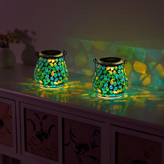 Starsoul 4 Pack Solar Lanterns Outdoor Waterproof, Unique Green Mosaic Glass Solar Garden Lights, Decorative Outdoor Lantern for Outside Patio Pathway Porch Yard Table