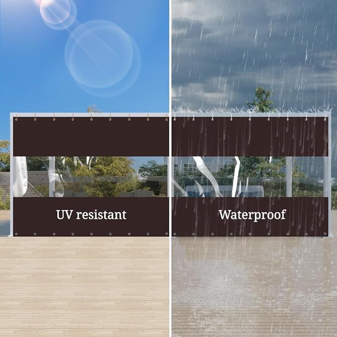 Covers & All Outdoor Clear Panel Curtain, 12 oz Vinyl Outdoor Curtains for Patio, Weather Resistant Waterproof Tarp with Brass Grommets for Pergola, Porch, Gazebos, Balcony (7'H x 8'W Feet, Coffee)