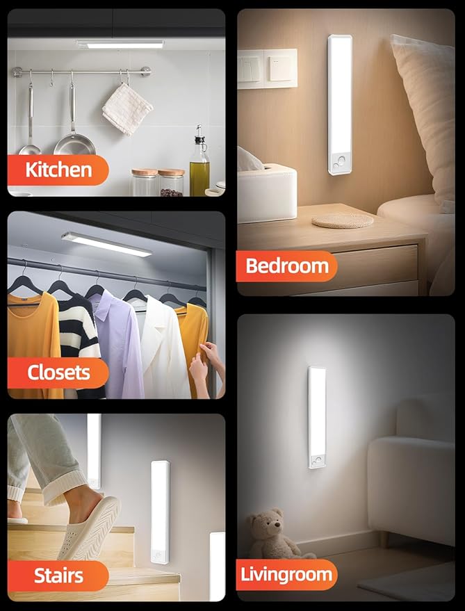Under Cabinet Motion Sensor Lighting: 10 Inch Dimmable Rechargeable Lights Indoor - Battery Operated Lights - Undercabinet Closet Light Magnetic Led Light for Kitchen Home Bathroom Counter 5 Pack