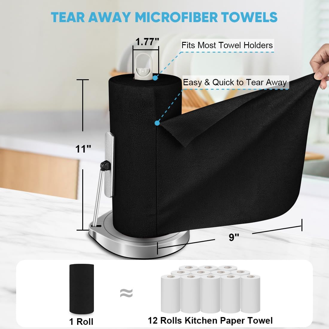 AIDEA Microfiber Cleaning Cloth Roll 55 Sheets, Cleaning Rags Black 11×9"