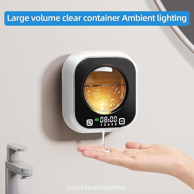 Wall Mounted Soap Dispenser, Automatic Touchless Rechargeable Liquid Hand Soap Dispenser with Smart Display, No-Drill, 5-Level Adjustable for Bathroom Kitchen (White)