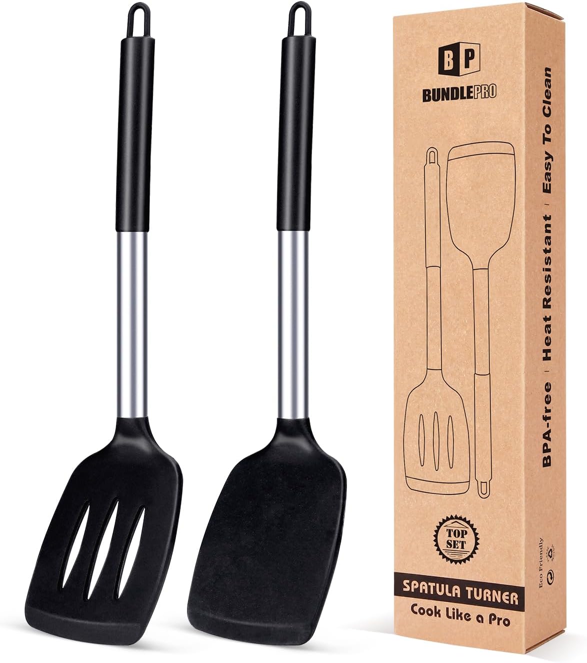 Pack of 2 Silicone Solid Turner, Non Stick Slotted Kitchen Spatulas, High Heat Resistant BPA Free Cooking Utensils, Ideal Cookware for Fish, Eggs