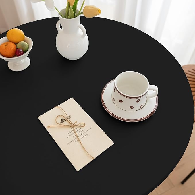 Round Fitted PU Tablecloth with High Elastic Edge 24 Inch Dia Waterproof Oil Proof Table Cloth Anti-Scald Stain-Resistant Wipeable Table Cover for Indoor Outdoor Picnic (Black,24" Dia)