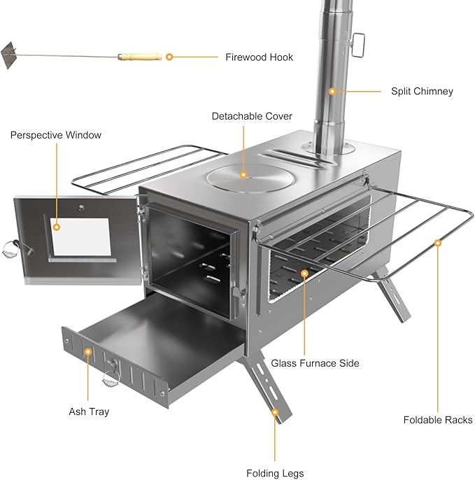 Hot Tent Stove, unho Wood Burning Stove, Portable Wood Stove with 6 Stainless Chimney Pipes for Outdoor Heating & Cooking, Ice Fishing, Hunting,Winter Warmth