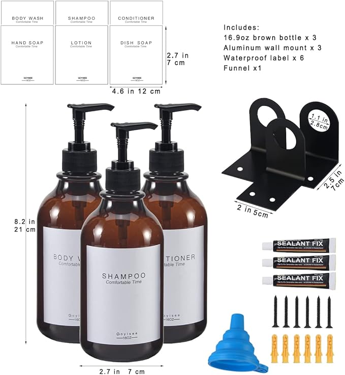 Shampoo and Conditioner Dispenser for Shower Wall 3 Chamber,Refillable Shampoo and Conditioner Bottles with Waterproof Labels,Soap Dispenser with Pumps (3 Bottles 3 Wall Mounts-Brown)
