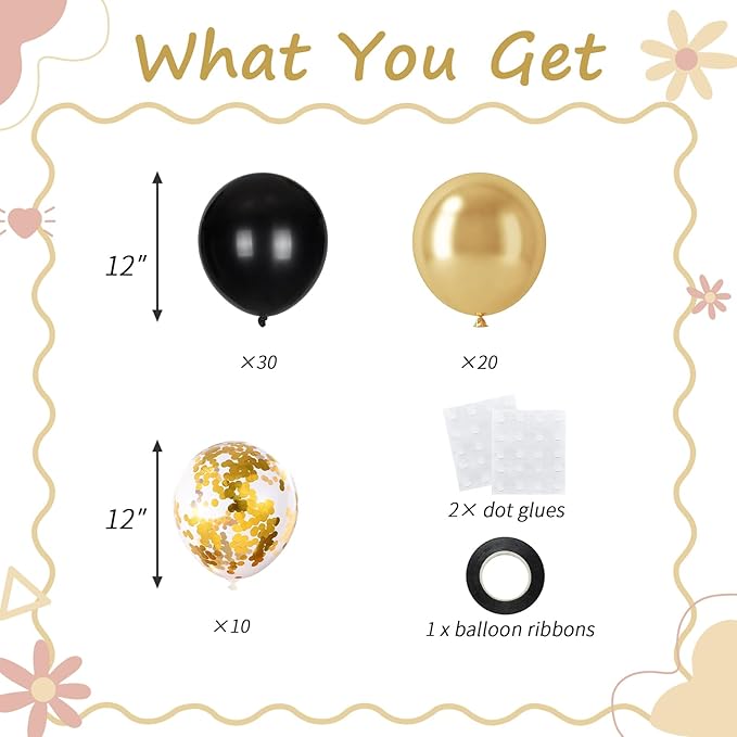 60pcs Black and Gold Confetti Balloons, 12 Inch Metallic Gold & Black Latex Party Balloons for Graduation 2026, Anniversary, Birthday, NYE, Christmas Party Decorations