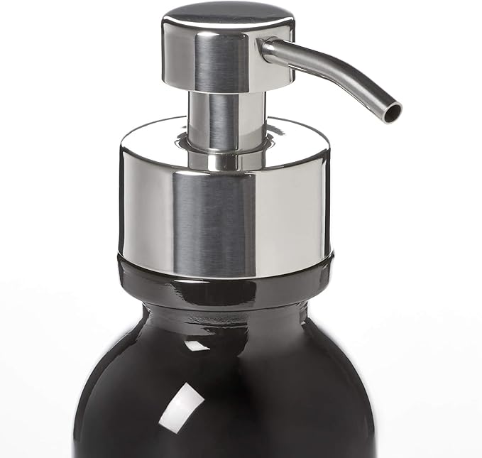 Black Glass Soap Holder for Foaming Soap, Includes Non Slip Bottom and Counter top Protector. 16oz Dispenser for Foaming Bath or Hand Soap by Industrial Rewind® (Black/Chrome)