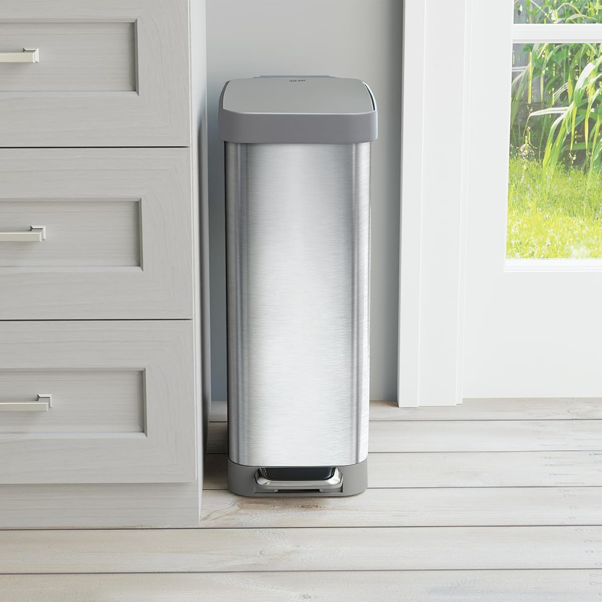 Glad Slim Trash Can with Clorox Odor Protection - Narrow Kitchen Garbage Bin with Soft Close Lid, Step On Foot Pedal and Waste Bag Roll Holder, All Stainless, 45 Liter