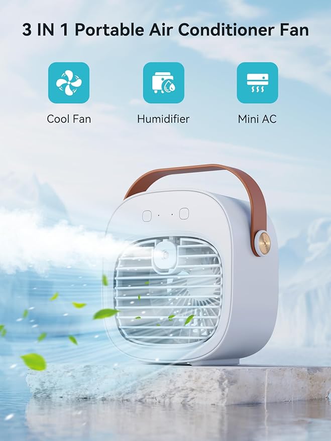 Portable Air Conditioner -5200mAh Rechargeable Personal Air Cooler, Green Mini Air Conditioner with 3 Speeds, Quiet Desk Cooling Fan for Home, Bedroom, Travel, Office, Outdoor, Indoor