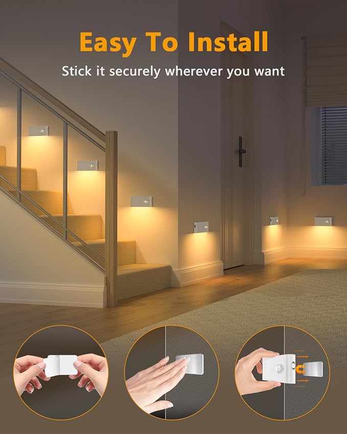 WILLED Stair Lights Indoor,Warm White Rechargeable Night Light,Wireless Motion Sensor Night Light,Battery Stick On Lights for Stairway,Hallway,Kitchen,Closet,Cabinet,Bedroom,Kids' Room(4-Pack)