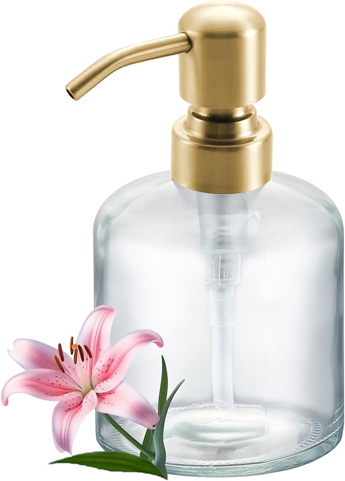 Clear Glass Soap Dispenser, 11 Oz Boston Round Bottle Dispenser with Stainless Steel Pump, Refillable Kitchen & Bathroom Countertop Dish Soap Dispenser, Brushed Gold
