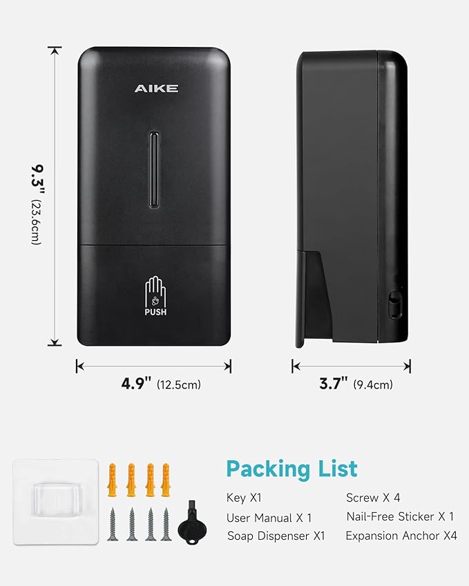 AIKE Foaming Wall Mount Soap Dispenser,27oz Drill-Free for Commercial Bathrooms,Model AK1006F(Black)