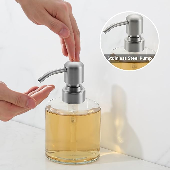 Clear Glass Soap Dispenser, 11 Oz Boston Round Bottle Dispenser with Stainless Steel Pump, Refillable Kitchen & Bathroom Countertop Dish Soap Dispenser, Brushed Nickel