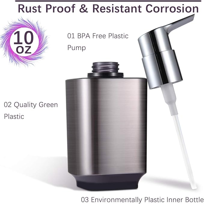 Boperzi 2 Pack Soap Dispenser Rust Proof Refillable Liquid Hand & Dish Soap Dispenser Set Leak Proof Plastic Chorme Pump for Kitchen Bathroom, 10oz