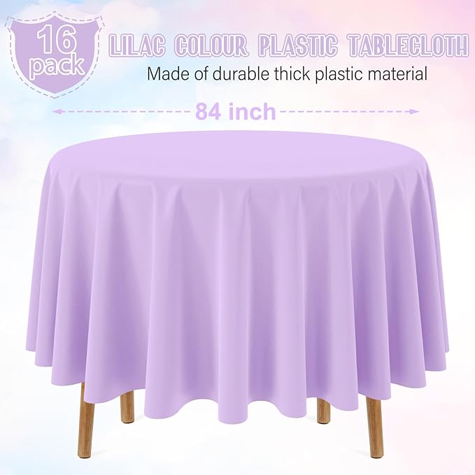 Ragnhild 16 Pack Lavender Plastic Tablecloths for Round Tables, Premium Decorative Light Purple Disposable Table Cloths for Parties, Round Party Table Cover for Birthday Wedding Baby Shower, 84 Inch