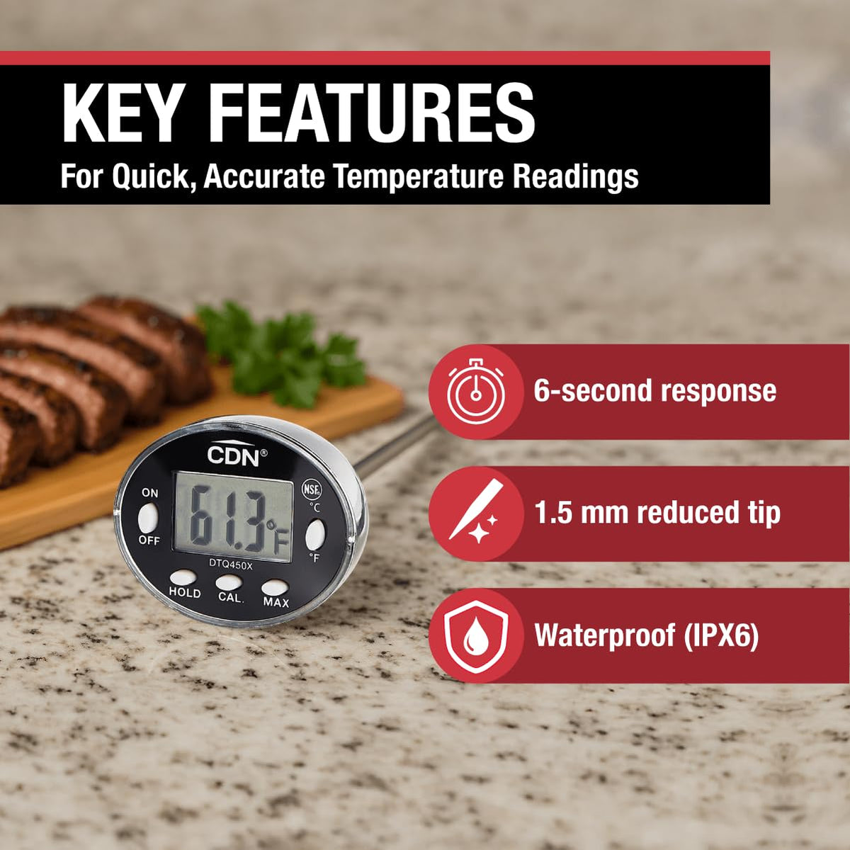 CDN Thin Tip Thermometer, ProAccurate®, 4.75" Stem, Digital, Hold, Max, Waterproof, NSF Certified, Ideal for Cooking, Brewing - DTQ450X