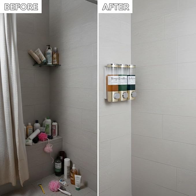 Soap Dispenser - 3 Chamber - 3x300ml - No Drill Wall Mount Bottles Organizer Toiletries for Cream Lotion Liquid Soaps Shampoo Conditioner Storage - Modern Essentials Bathroom Set (Gold 1)