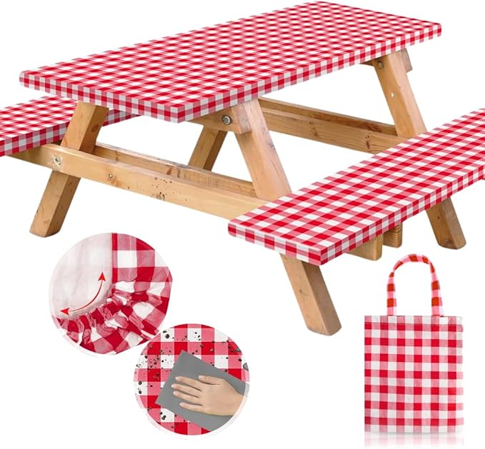 RNOONY Vinyl Fitted Picnic Table Cover with Bench Covers and Bag, 6ft Outdoor Waterproof Picnic Tablecloth with Elastic Edges, 72x30 Inches 3 Pcs Set (Red Checkered)