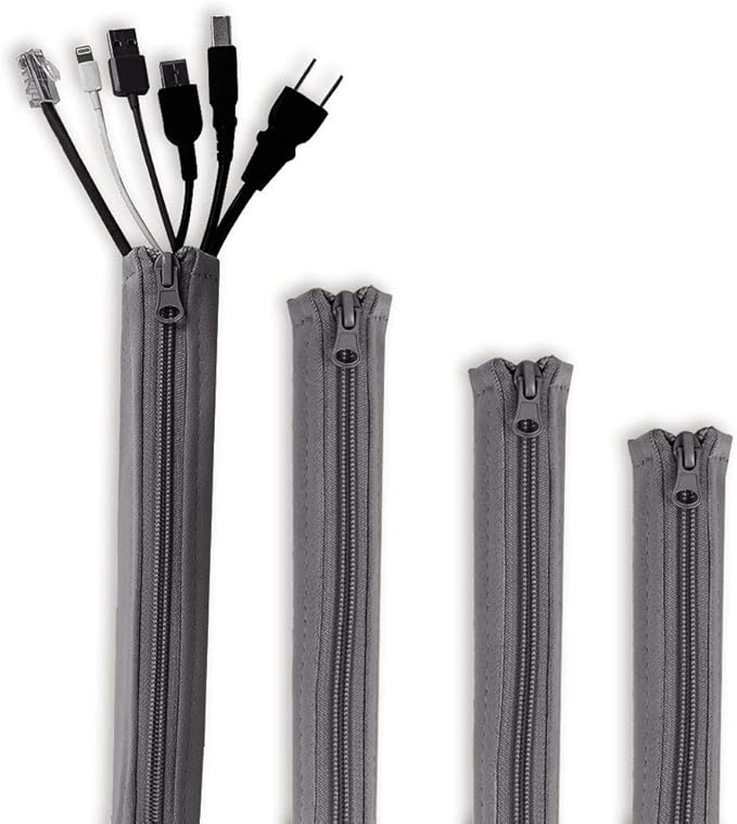 StangH Cable Management Sleeve Organizer - 19 Inch Home and Office Zip-up Cable Sleeve Wire Organizer Flexible Cord Concealer Wrap, Electrical Cord Covers for TV/Computer/Desk, 4 Pieces -Grey